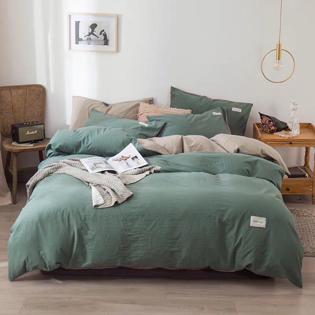 Set Chăn ga gối Cotton Tici - Mẫu Xanh rêu phối Begie.