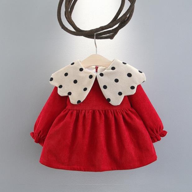 XẢ HÀNG !!! Váy Đỏ Thu Đông Baby Doll Lót Lông Cổ Cánh Sen Chấm Bi Bé Gái