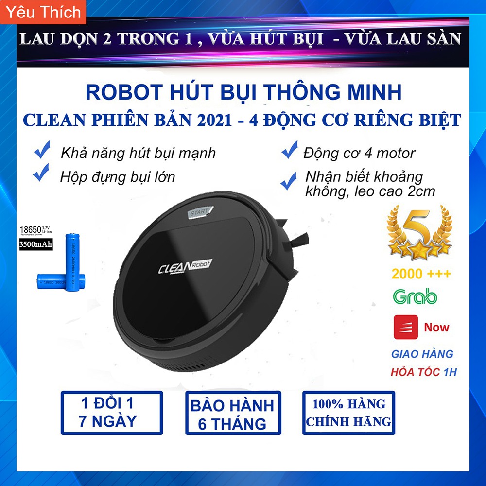 Robot Hút Bụi Lau Nhà Thông minh (Màu Đen) - CLEAN ROBOT NEW 2021 - 4 ĐỘNG CƠ HÚT SIÊU MẠNH - Dùng liên tục 120 Phút