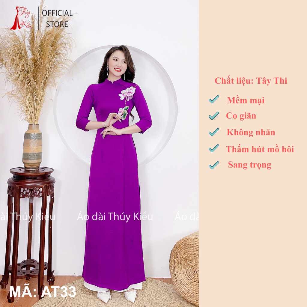 Áo dài lụa Tây Thi cổ 2 phân tím huế thêu hoa mộc lan AT33