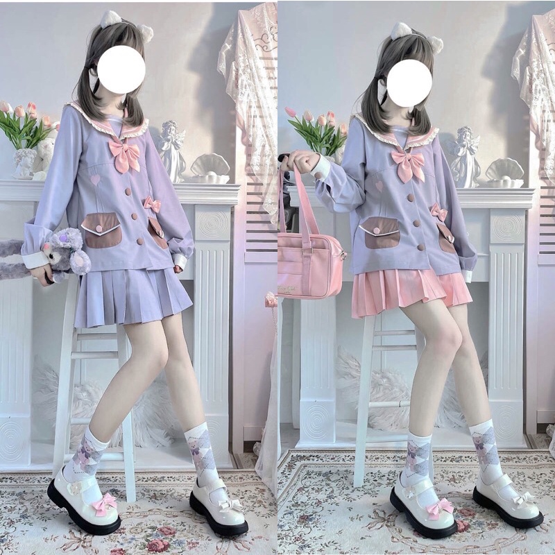 YAS0814-Set đồng phục học sinh Nhật tím xanh cổ hồng nhún bèo
