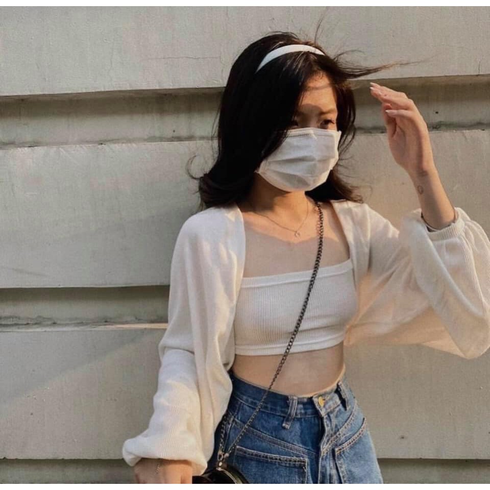 Set áo croptop mix áo khoác tay phồng freesize phom rộng cực ngầu - Áo croptop mix set 2 món chất thun giá rẻ