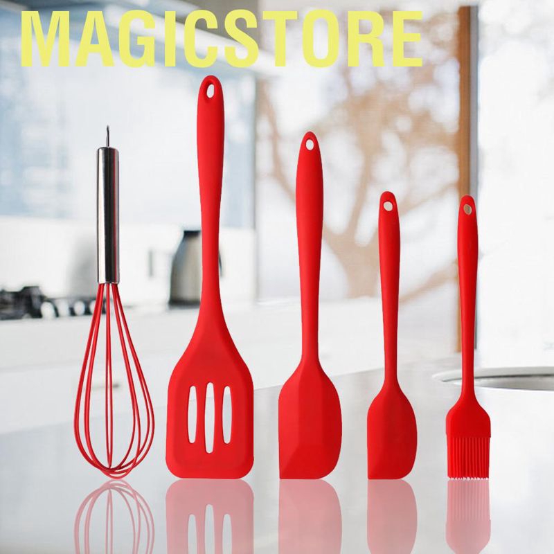 Magicstore 5pcs Silicone Non-Stick Spatulas Shovel Eggbeater Brush Cooking Tool Utensil Set