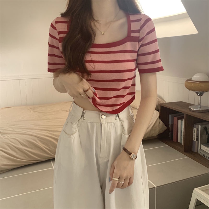 Áo Thun Dệt Kim Tay Ngắn Họa Tiết Kẻ Sọc Thời Trang Mùa Hè Cho Học Sinh