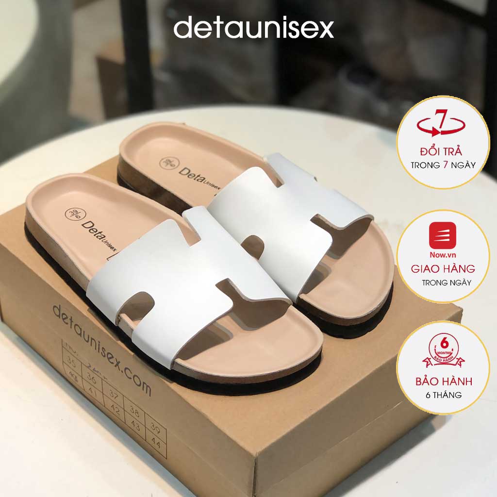 Dép birken Detaunisex dép đế trấu nam nữ bảng ngang chữ H màu trắng