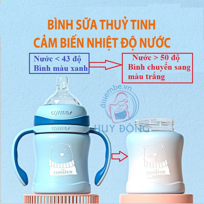 BÌNH SỮA THUỶ TINH AYMER CẢM BIẾN NHIỆT ĐỘ NƯỚC, CHỐNG BỂ VỠ - CHỐNG ĐẦY HƠI CHO BÉ 220ml-120ml