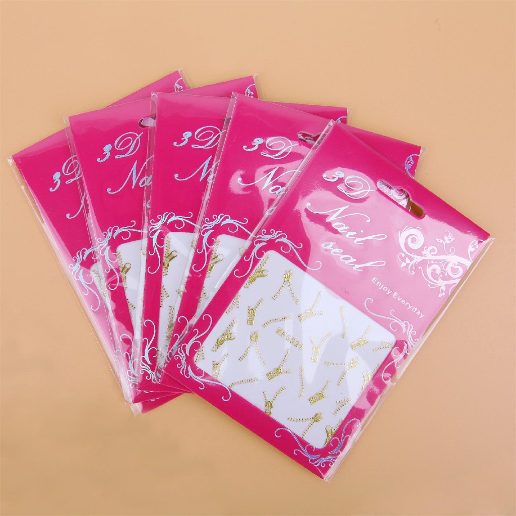 Tờ phụ kiện dán trang trí móng tay nghệ thuật màu vàng hình 3D đẹp mắt hình khóa kéo