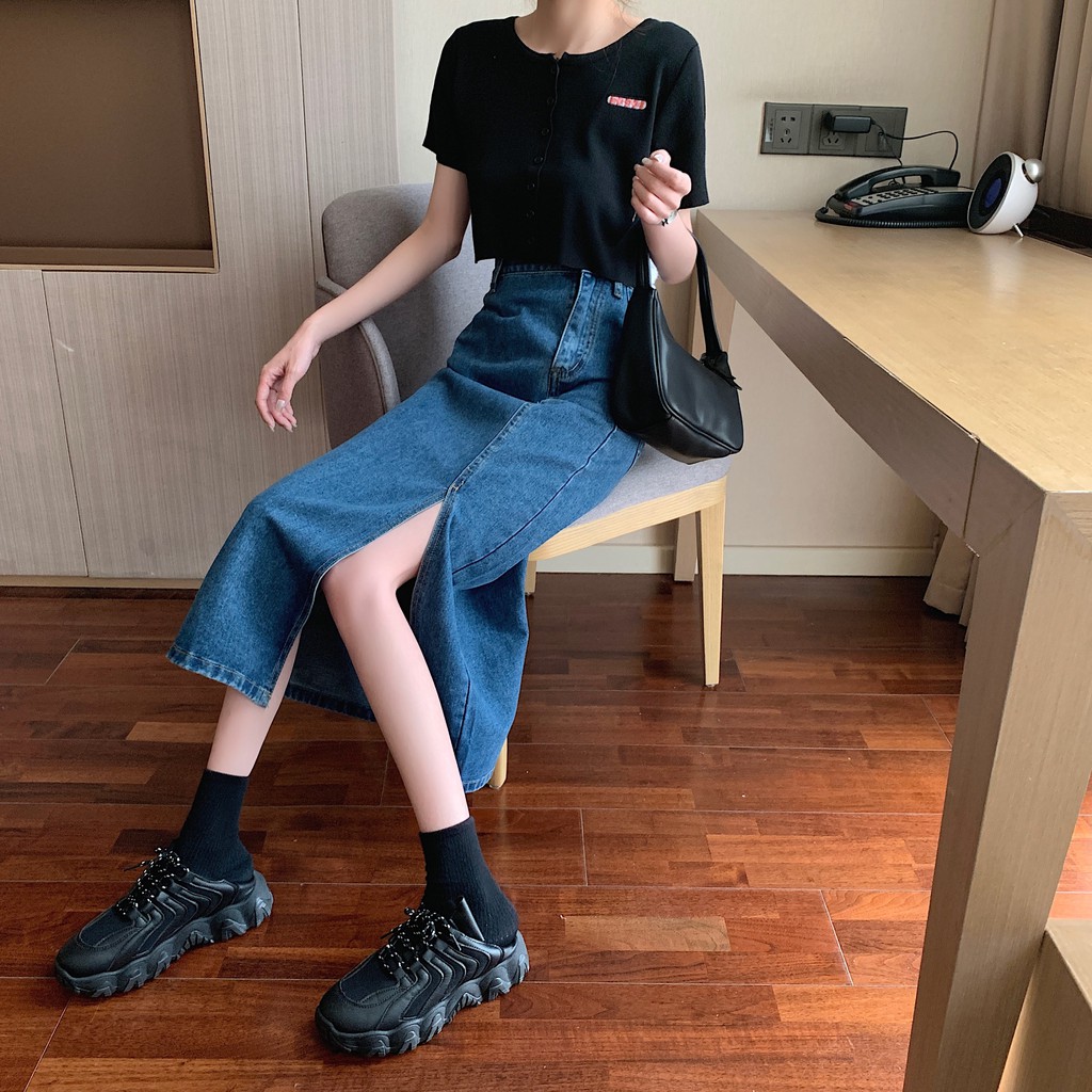 Chân váy denim XIAOZHAINV dáng chữ A lưng cao xẻ tà phong cách Hàn Quốc