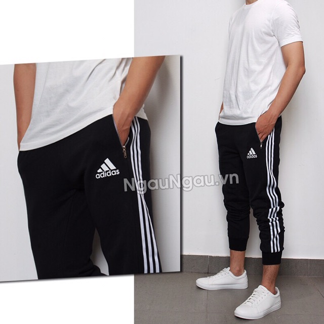 Quần thun jogger 3 sọc trắng túi khoá kéo nam nữ big size-6034