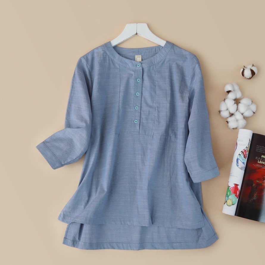 Áo Linen kiểu tay lững KACHISA màu xanh phối nút
