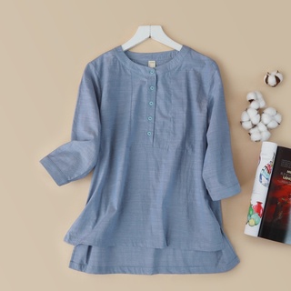 Áo Linen kiểu tay lững KACHISA màu xanh phối nút