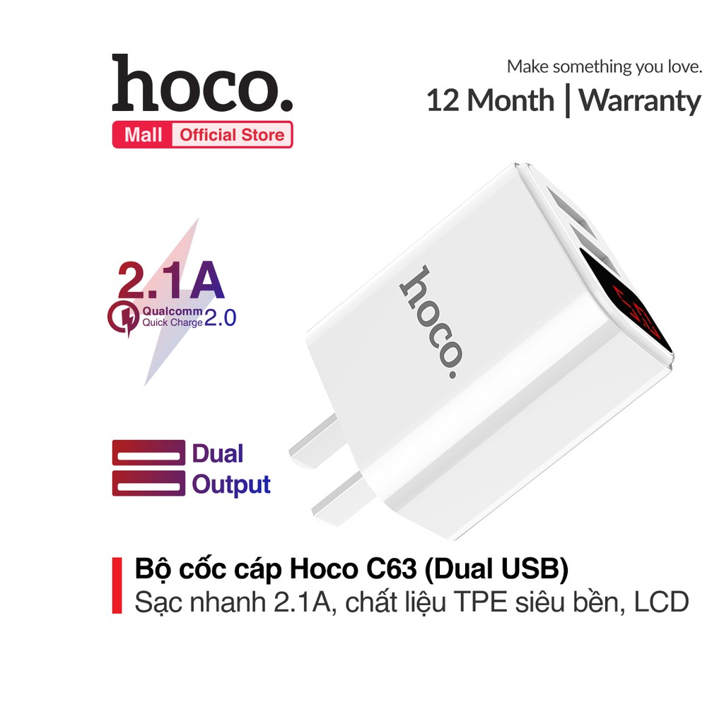 Cốc sạc 2 cổng Hoco C63 hỗ trợ sạc nhanh 2.1A có màn hình LED hiển thị điện áp sạc