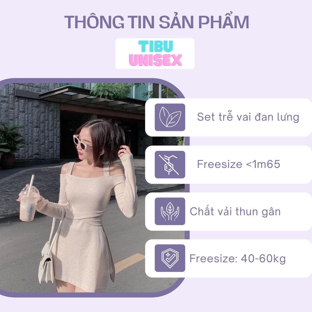 Set Đầm 2 dây body trễ vai đan lưng lạ mắt TIBU, quần giả váy nữ sexy cột nơ dáng ôm phù hợp đi tiệc đi chơi 2022