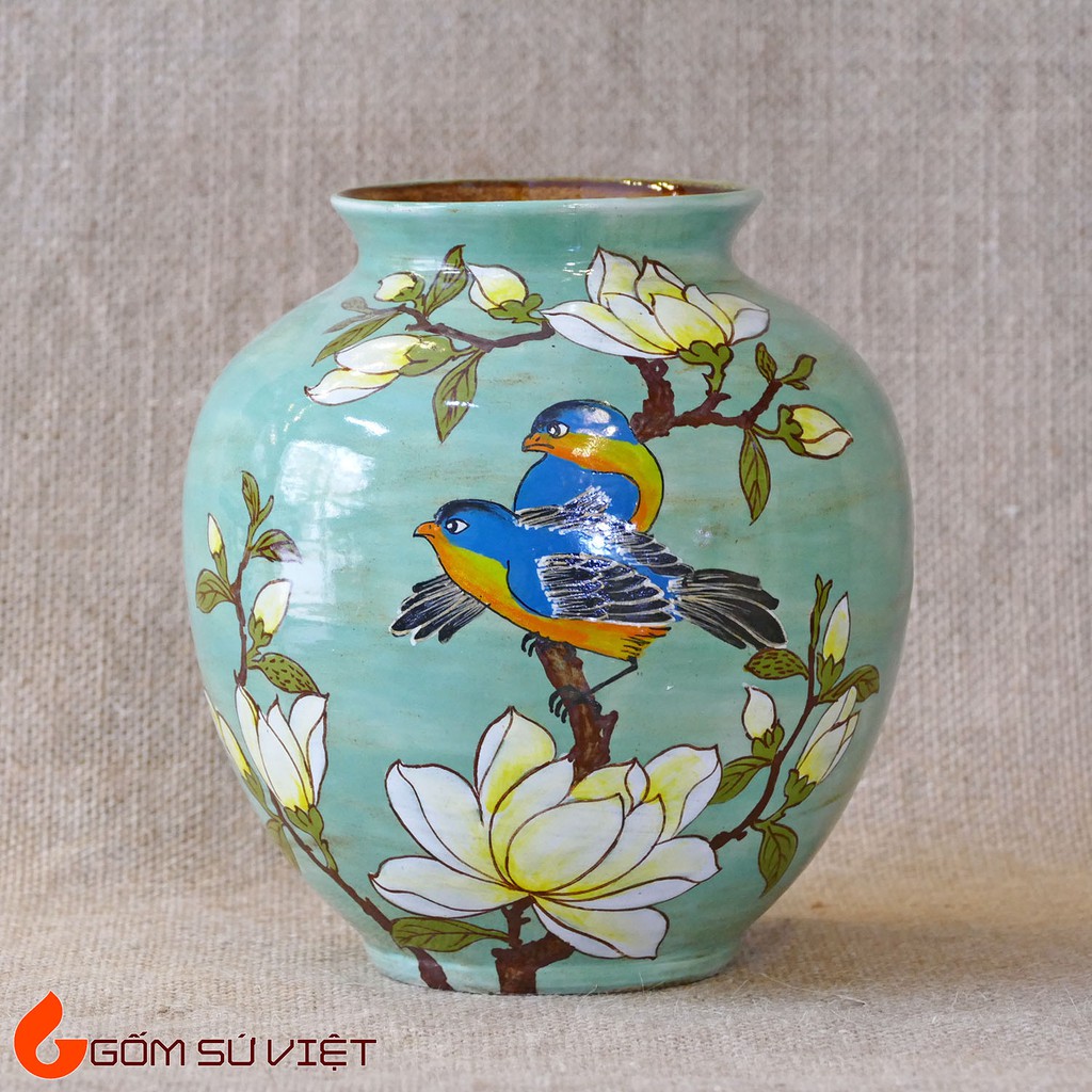 Bình hoa gốm vẽ tay họa tiết chim đậu cành mộc lan - Gốm Bát Tràng