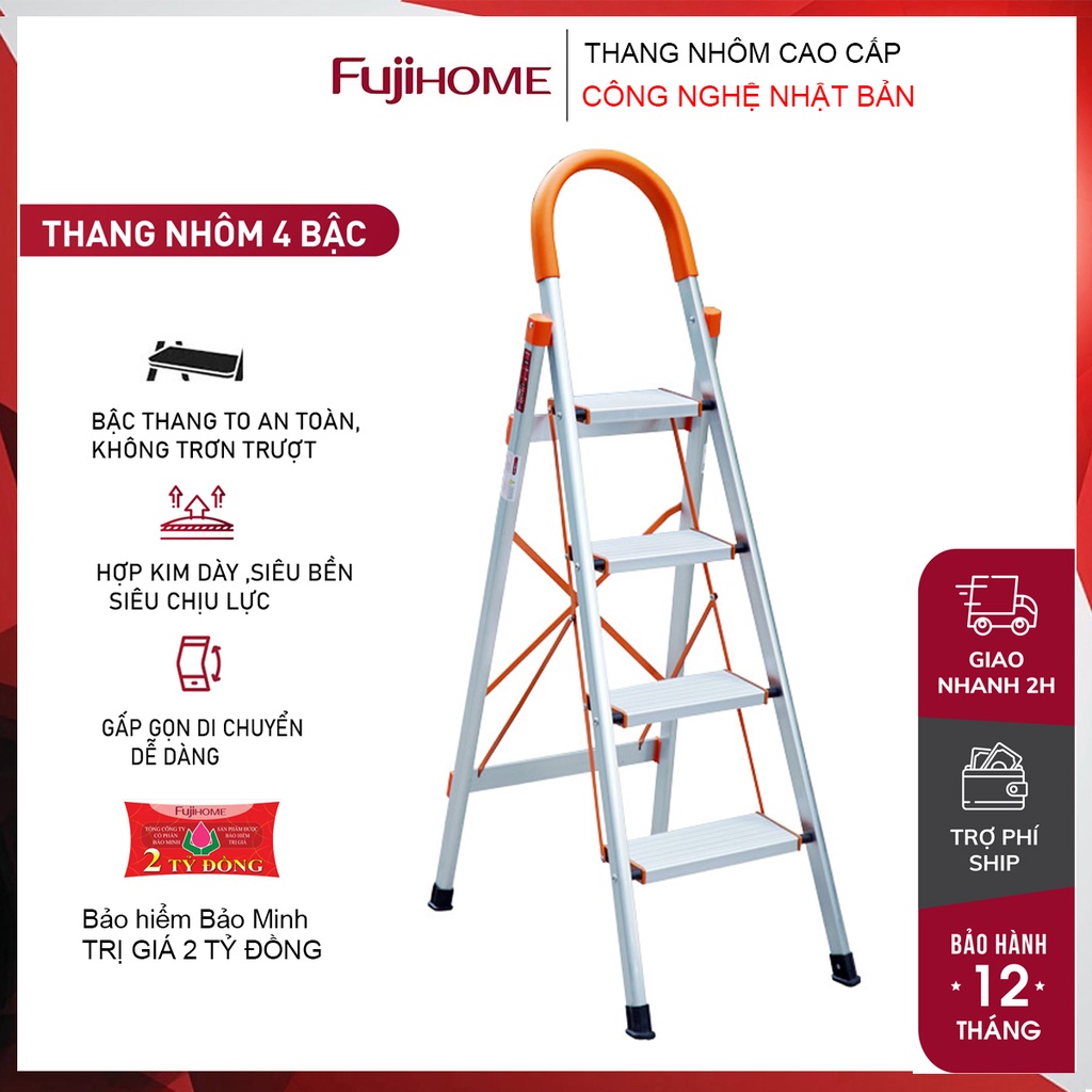Thang nhôm ghế 4 bậc gấp gọn bản to nhập khẩu FUJIHOME- Thang chữ A gia đình đa năng rút gọn