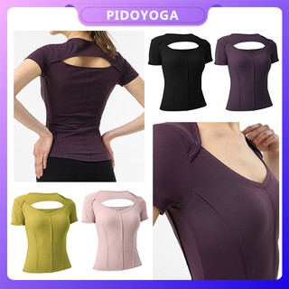 Yoga T-shirt New Hollowed-back Yoga Suit Top Women'S Short-sleeved T-shirt Elastic Slim-fit Sports Shirt Women'S Fitness Clothes Europe And America French Shawl Collar Sports T-shirt Yoga T-shirt