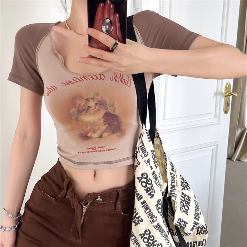 Áo Thun Croptop Tay Ngắn Dáng Ôm In Hình Mèo Dễ Thương