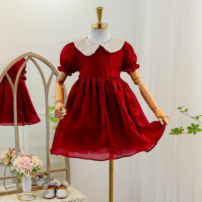 VÁY TƠ ĐỎ BÉ CỔ SEN MÀU BE CHO BÉ GÁI