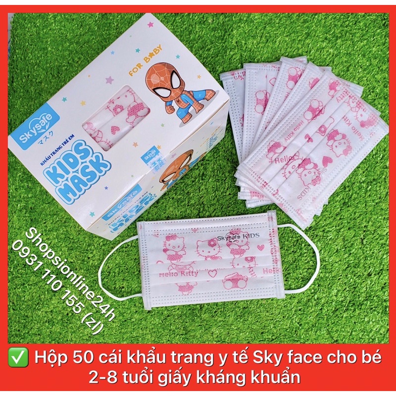 ✅ Hộp 50 cái khẩu trang y tế giấy kháng khuẩn Skysafe cho trẻ dưới 8 tuổi hình kitty Hồng