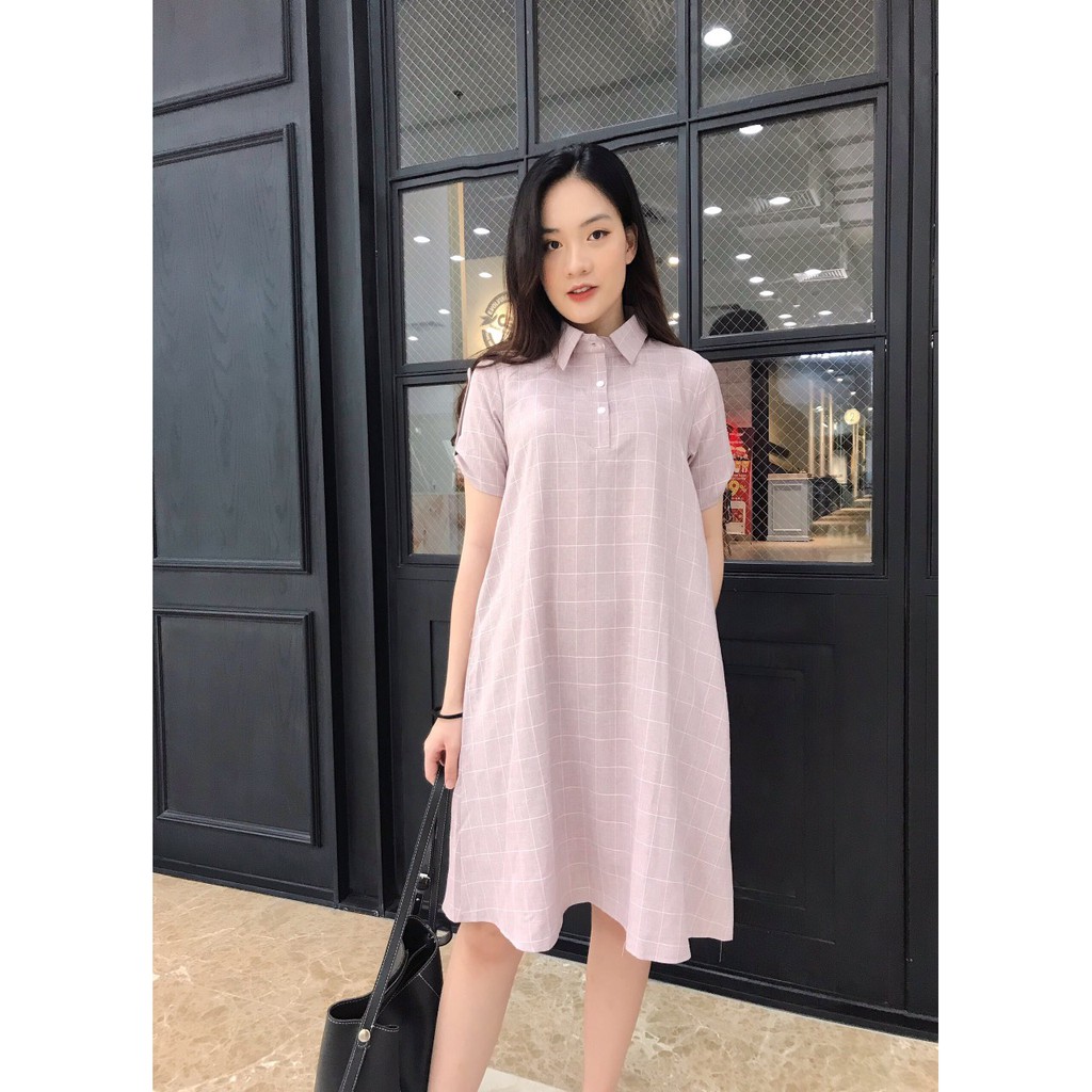 Váy bầu công sở | Đầm bầu dáng suông cổ đức - Vải kaki hè mát