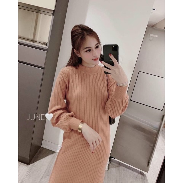 Váy len tay bồng- Đầm Bầu len dáng suông ấm áp thời trang cho mẹ bầu
