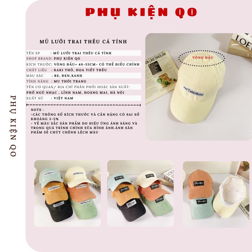Mũ lưỡi trai ❤️ Nón kết Nhung tăm thêu chữ phong cách Ulzzang CAP199