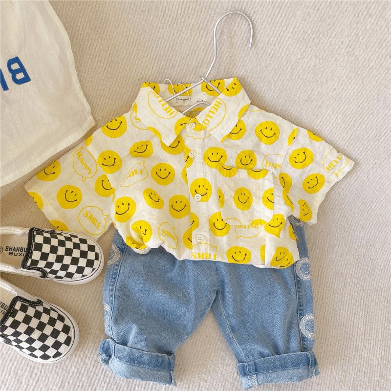 Áo Sơ Mi Tay Dài In Hình Mặt Cười Phong Cách Phương Tây Thời Trang Mùa Hè Cho Bé Trai Và Gái