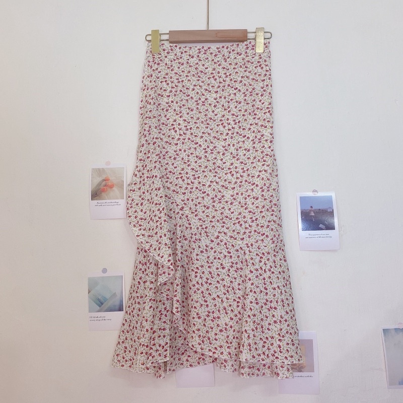 Chân váy hoa nhí bèo lưng chun dáng dài vintage QC - Lumii