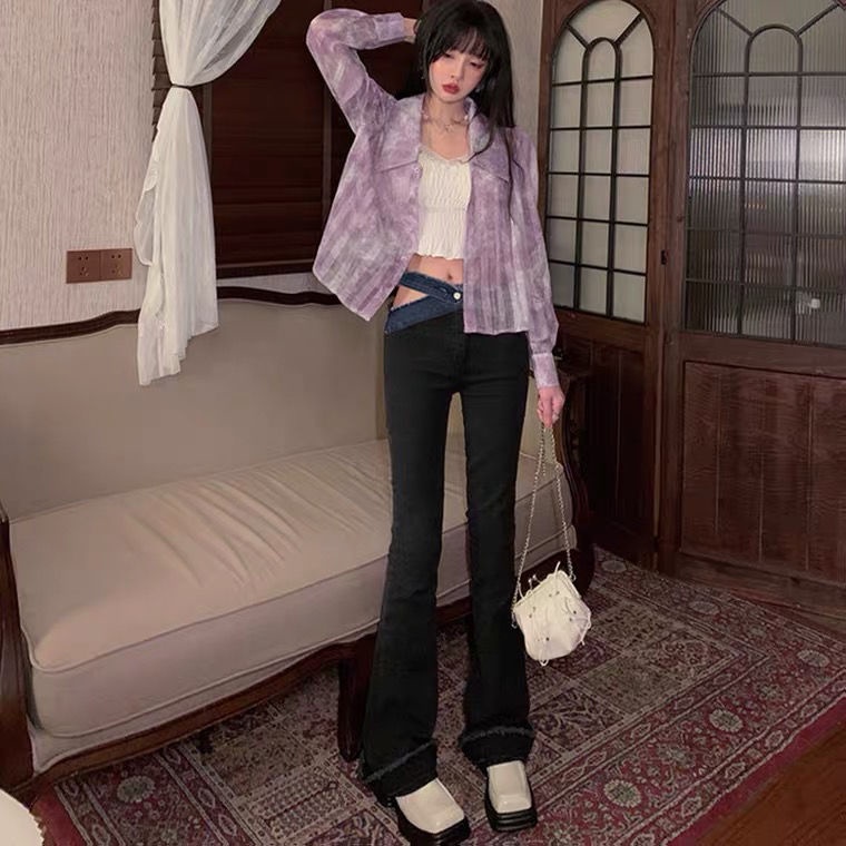 Set Áo Sơ Mi Nhuộm Màu Tím Nho Phối Chân Váy Yếm Hai Mặt Phong Cách Retro Thời Trang Mùa Hè