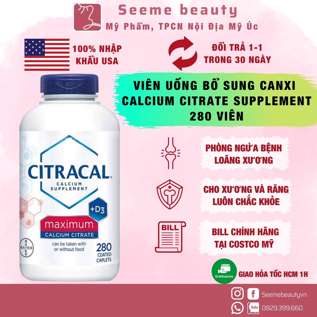 [Date xa] Viên uống bổ sung canxi cho người lớn CITRACAL Maximum Calcium Citrate Supplement 280v See