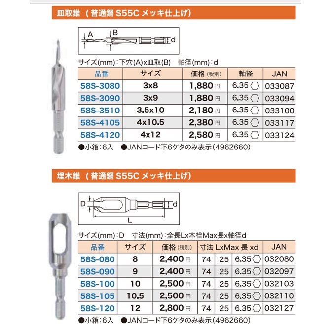 Mũi khoan gỗ hai tầng và tạo mộng Star-M, bằng thép carbon, No.58S-S3080 [MADE IN JAPAN]