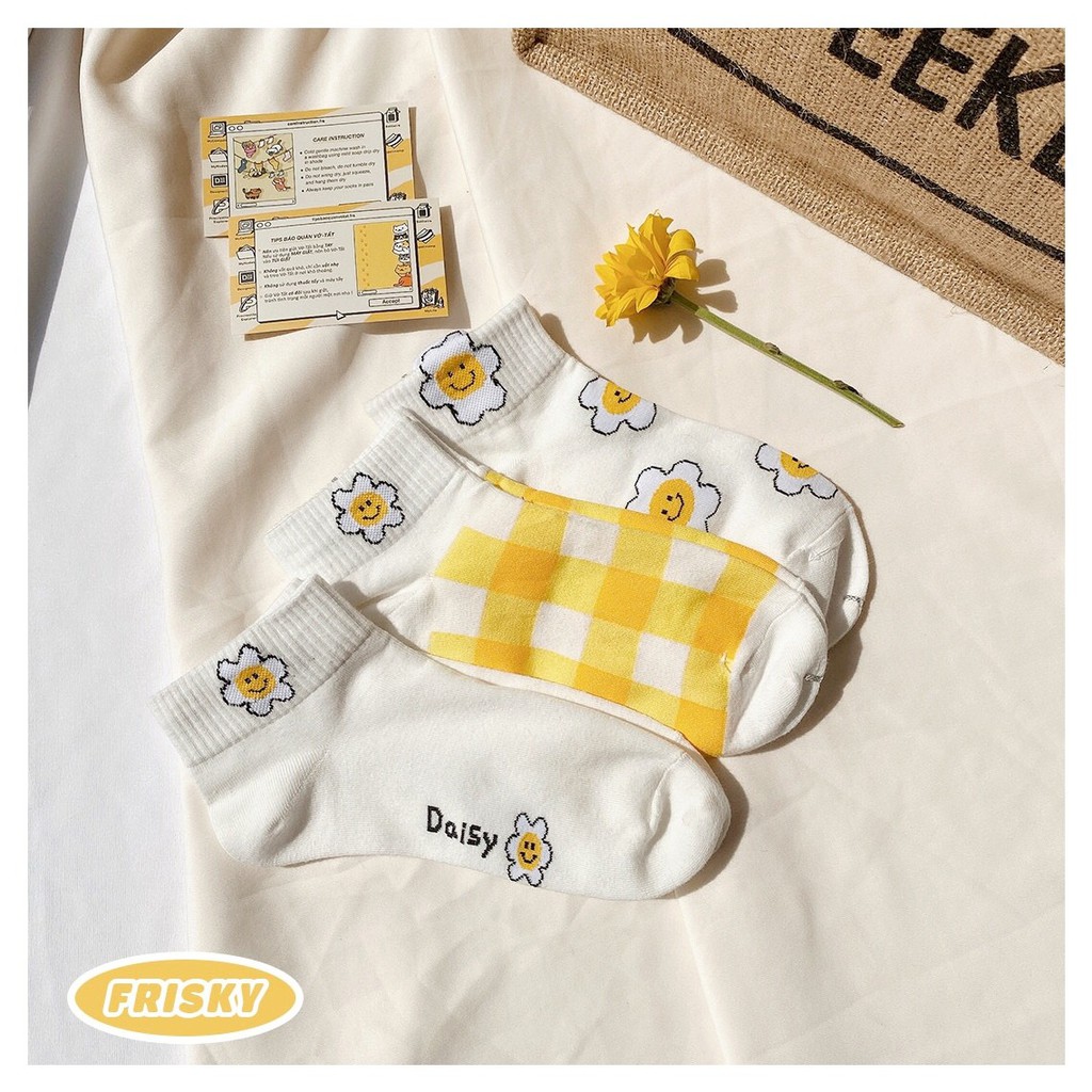 Vớ cotton Hàn Quốc, KHÔNG XÙ-KHÔNG DÃN, họa tiết hoa hướng dương vàng