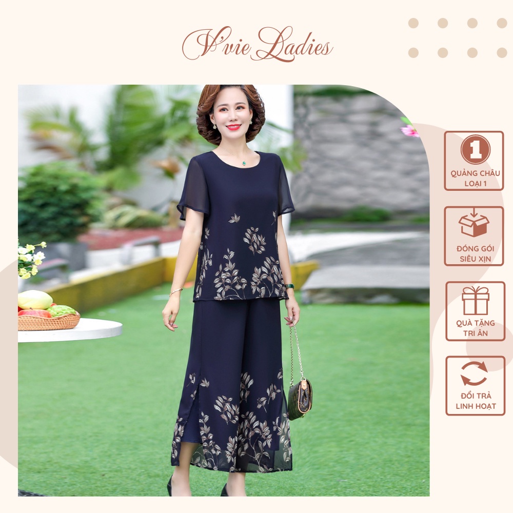 Đồ bộ voan nữ trung niên quần ống rộng V'vie Ladies