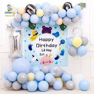 Set phụ kiện trang trí sinh nhật cho bé đẹp rẻ - Bóng bay - Kèm Phông bạt & In tên - Màu xanh pastel