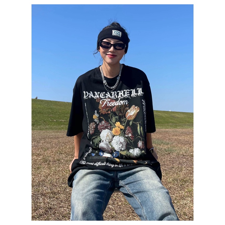 Áo thun ngắn tay dáng rộng phong cách hip-hop Mỹ cho nữ