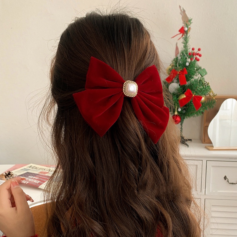 Kẹp Tóc Hình Nơ Đính Ngọc Trai Màu Đỏ Phong Cách Hàn Quốc Thanh Lịch Dành Cho Nữ