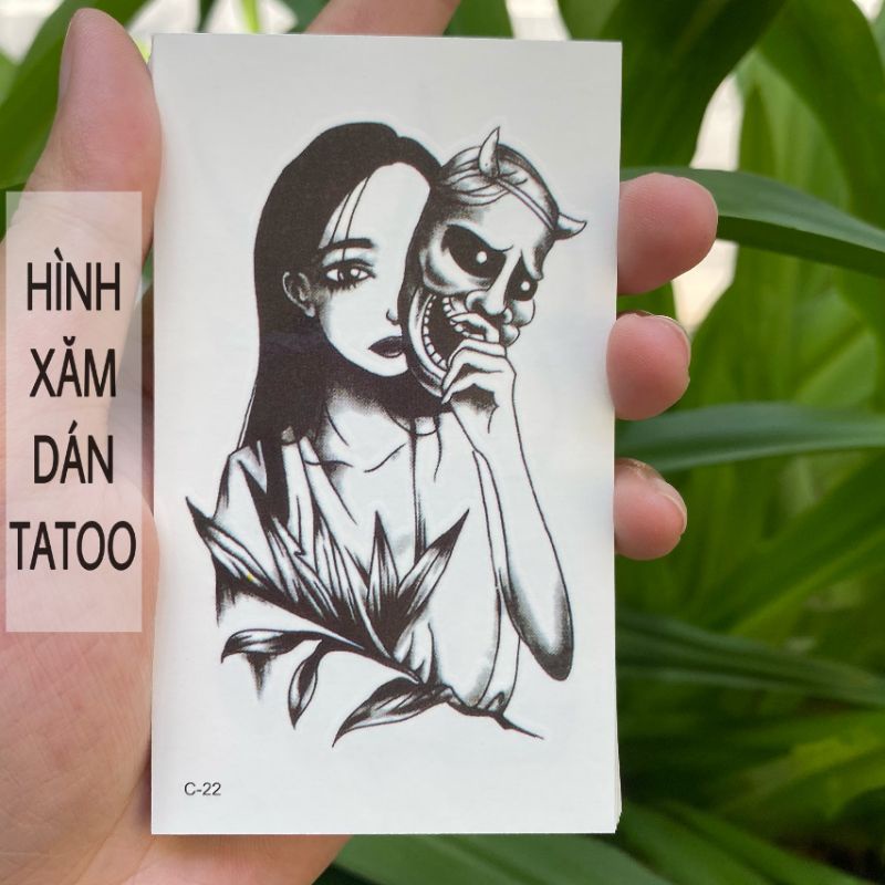 Hình xăm cô gái mặt nạ quỷ c22. Tatoo dán tạm thời size &lt;10x6cm. Tomie style