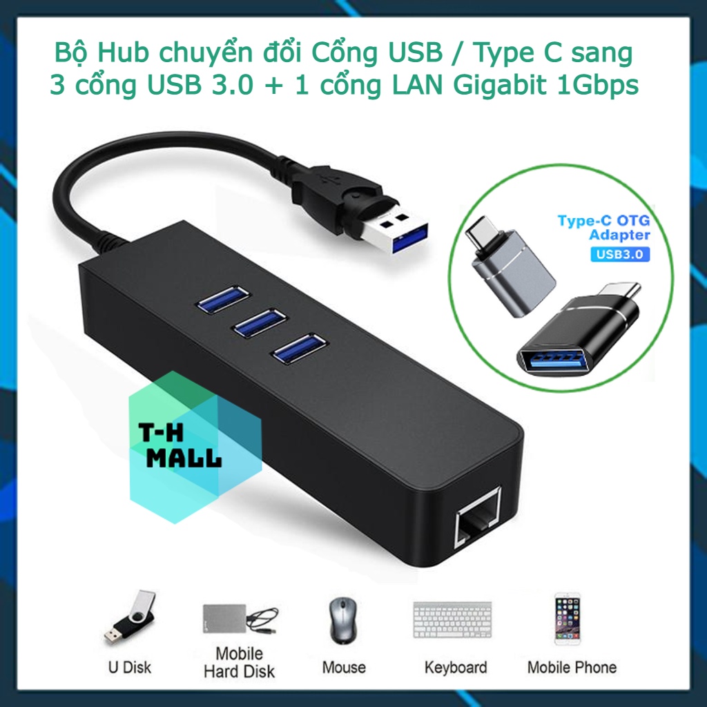 [ LAN 1GBPS ] Bộ Chuyển Đổi Hub 4 Trong 1 Loại Type C / USB-A sang USB 3.0 / RJ45 GIGABIT Lan cho laptop Macbook 4 in 1