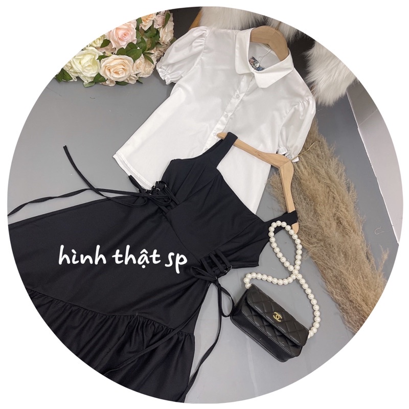 Set bộ váy yếm 2 món: áo sơ mi + váy đầm eo đan dây cá tính