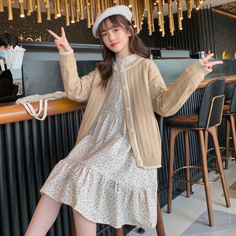 Bộ Áo Khoác Dệt Kim + Đầm Tay Dài Thời Trang Hàn Quốc Cho Bé Gái 4 5 6 7 8 9 10 11 12 13 14 15 Tuổi