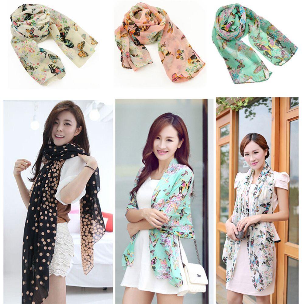 QQMALL Khăn Choàng Cổ Dài Vải Voan Mềm Mại Hoạ Tiết Bươm Bướm Chấm Bi