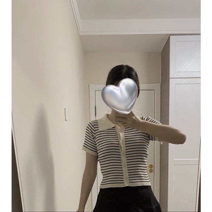 Áo thun cardigan ngắn tay cổ bẻ kẻ sọc