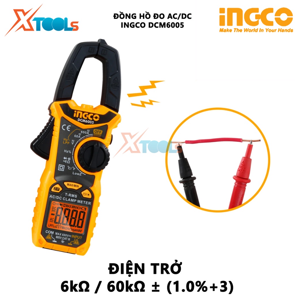 Đồng hồ kẹp AC/DC INGCO DCM6005 | Ampe kìm AC/DC 6000 số đếm / Giữ dữ liệu Dòng điện một chiều 60A / 600A ± (2,5% + 5) H