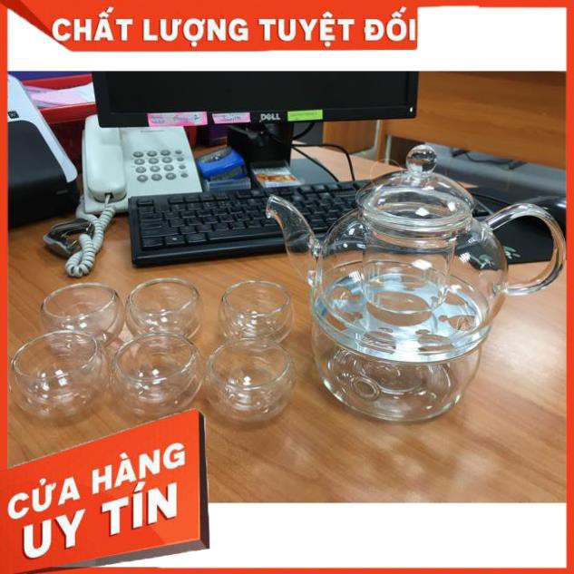 Bộ Ấm trà thủy tinh 6 chén chịu nhiệt dung tích 600ml kèm đế nến đun trà Bình trà thủy tinh tiệc trà đun nóng