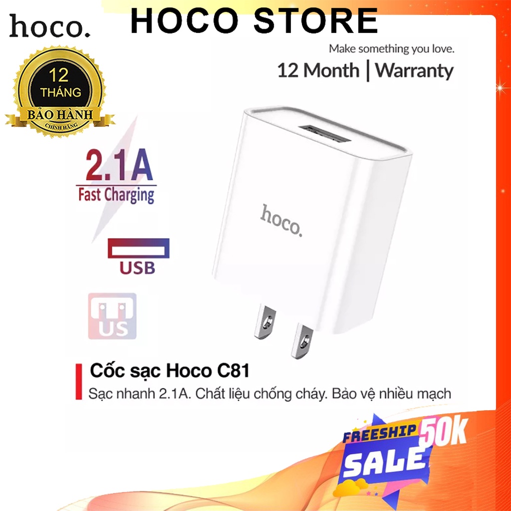 Củ Sạc Nhanh HOCO C81 Sạc Nhanh 2.1A 1 Cổng Sạc Usb Chất Liệu Pvc An Toàn Dành Cho Iphone SAMSUNG Huawei Xiaomi Oppo