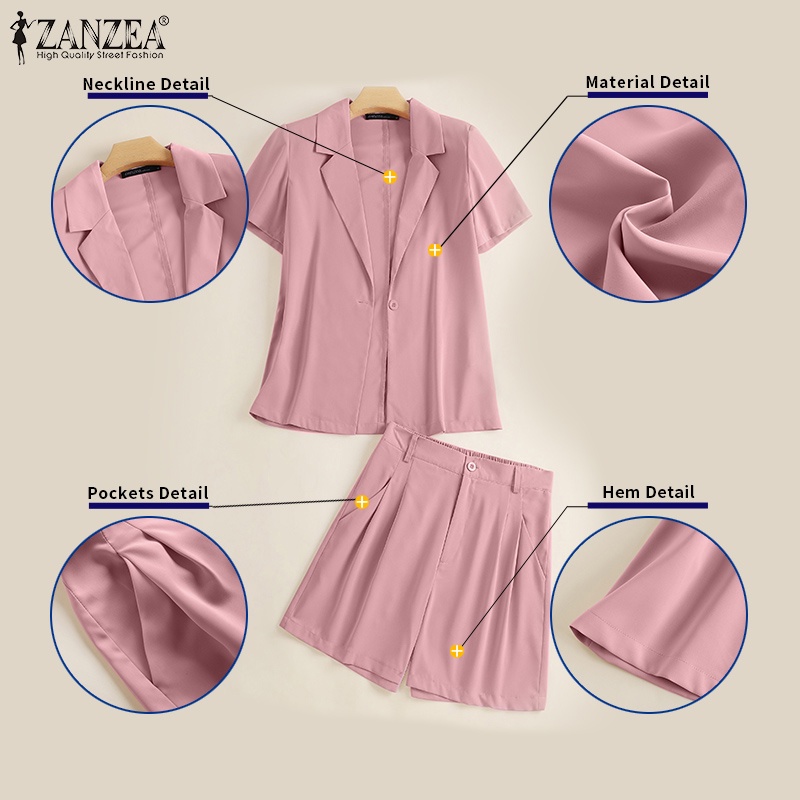 Set đồ thời trang công sở ZANZEA gồm áo tay ngắn + quần short lưng thun có khóa kéo màu trơn cho nữ