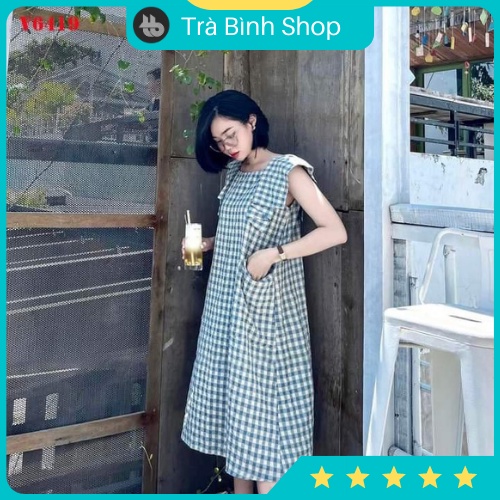 Váy suông cổ vuông tay hến gập họa tiết kẻ caro túi hai bên hông 3 màu hottrend