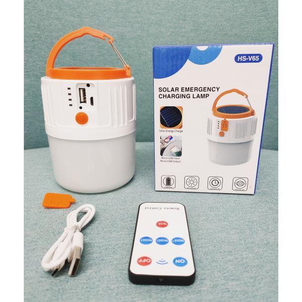 Bóng đèn led tích điện năng lượng mặt trời,100w, cổng sạc usb kết nối điện thoại, điều khiển từ xa 3 chế độ sáng