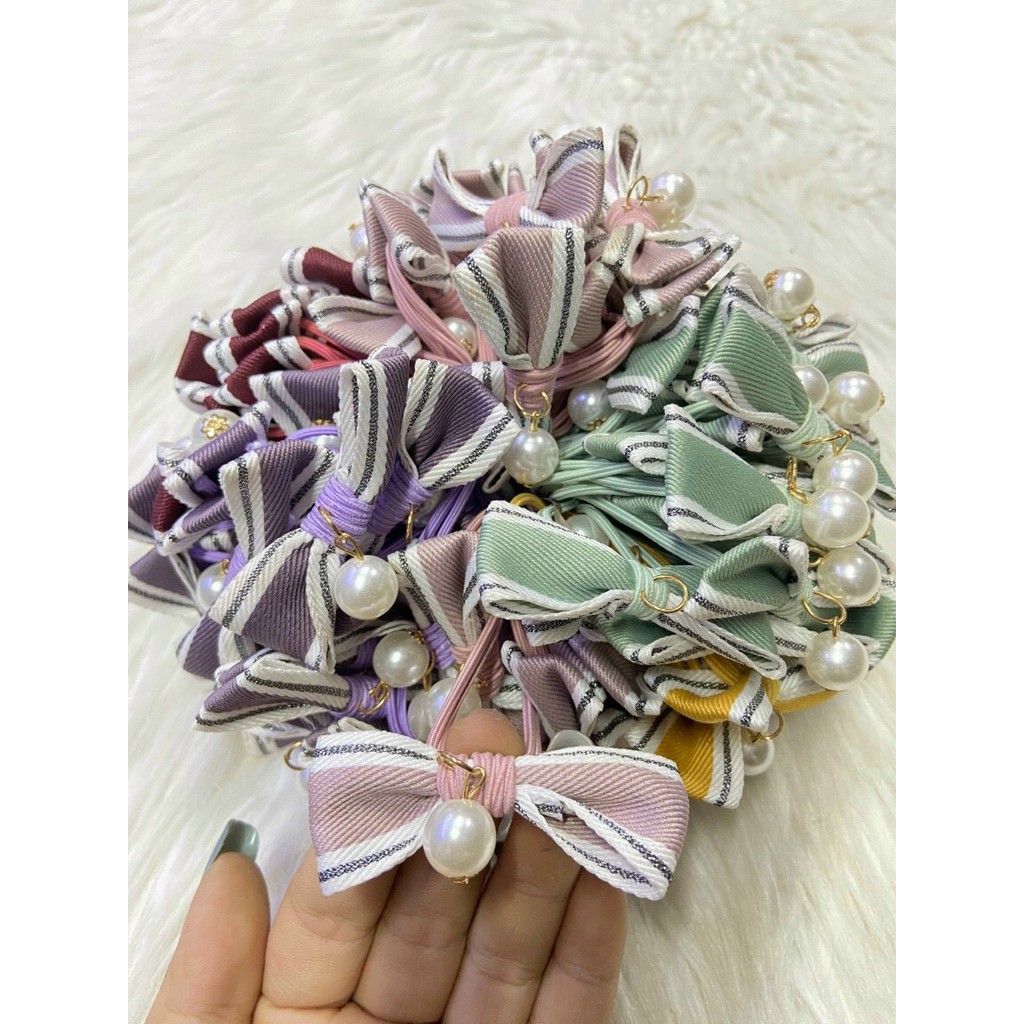 BỌ 5 DÂY BUỘC TÓC NƠ 5 MẪU KHÁC NHAU CHO NỮ NƠ RƠI KÈM HẠT TRAI