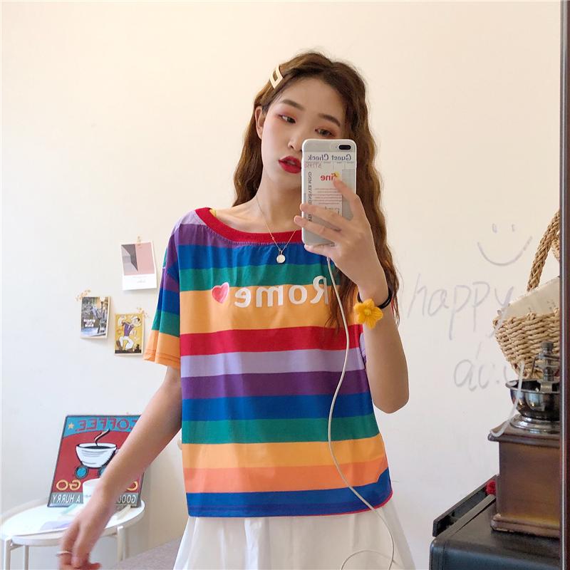 Áo Thun 100% Cotton Nguyên Chất Kẻ Sọc Ngang Màu Sắc Tương Phản Thời Trang Cho Nữ